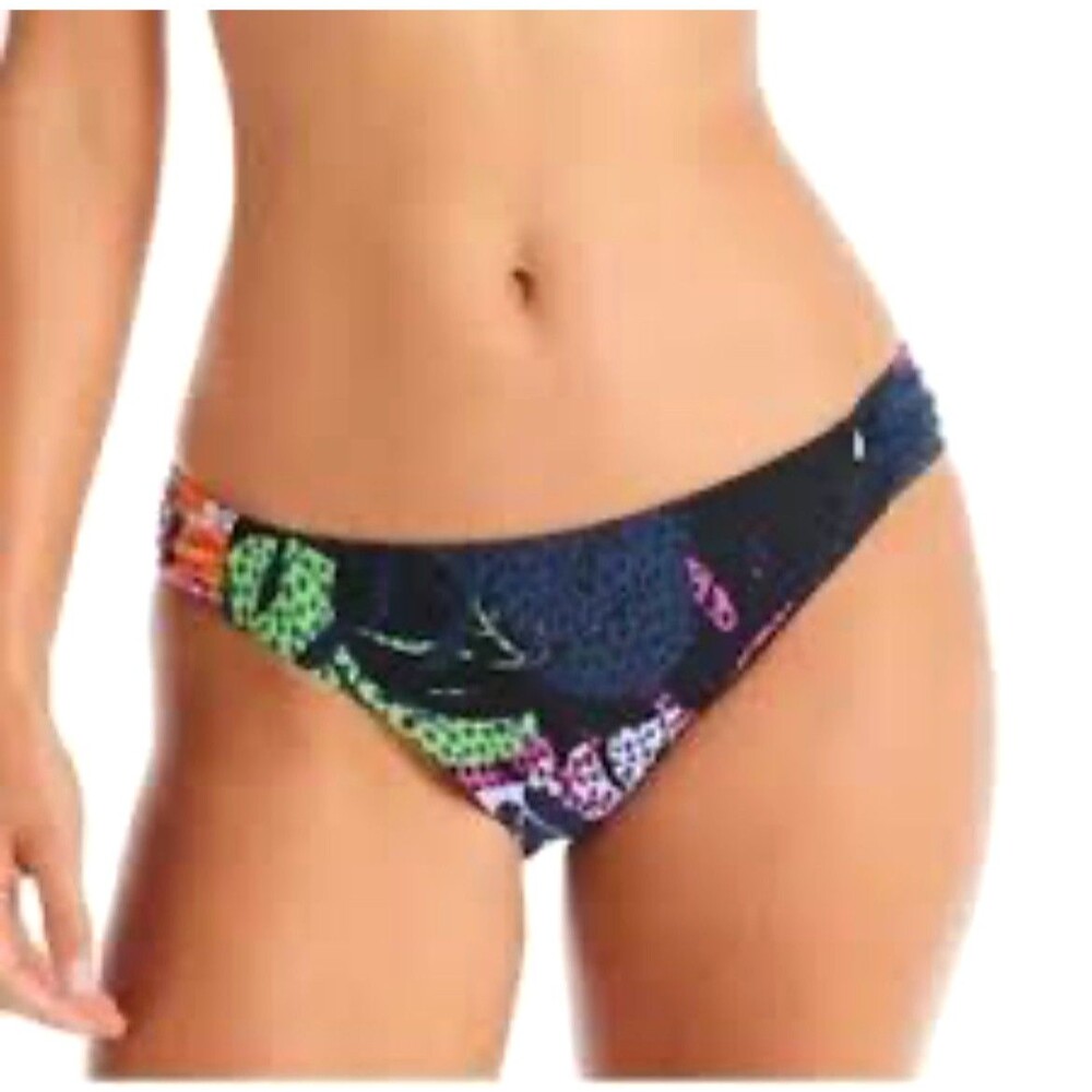 Bar III Women Paradise Palms Bikini Bottoms Shirred Side Hipster Black L 1048H3